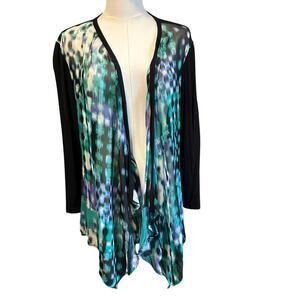 Easywear by Chico's SZ 2 (LG) Black Back Open Sheer Cardigan Sleeves Floral Boho